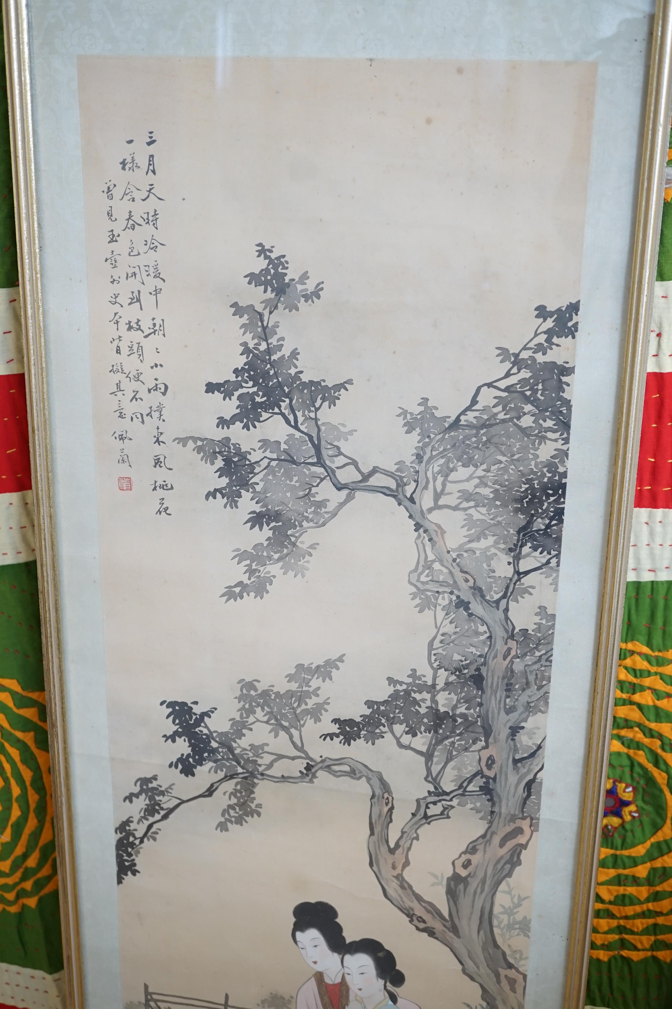 Japanese School, watercolour on silk, Women in a garden, 104 x 28cm